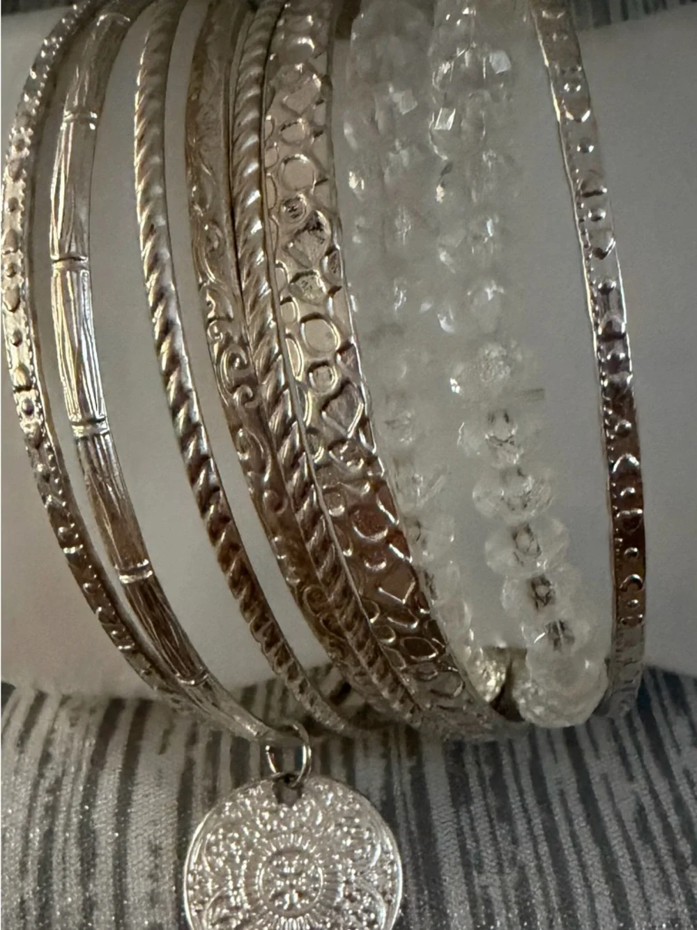 Silver Tone Charm Bangle Bracelet Set in Clear and Silver
